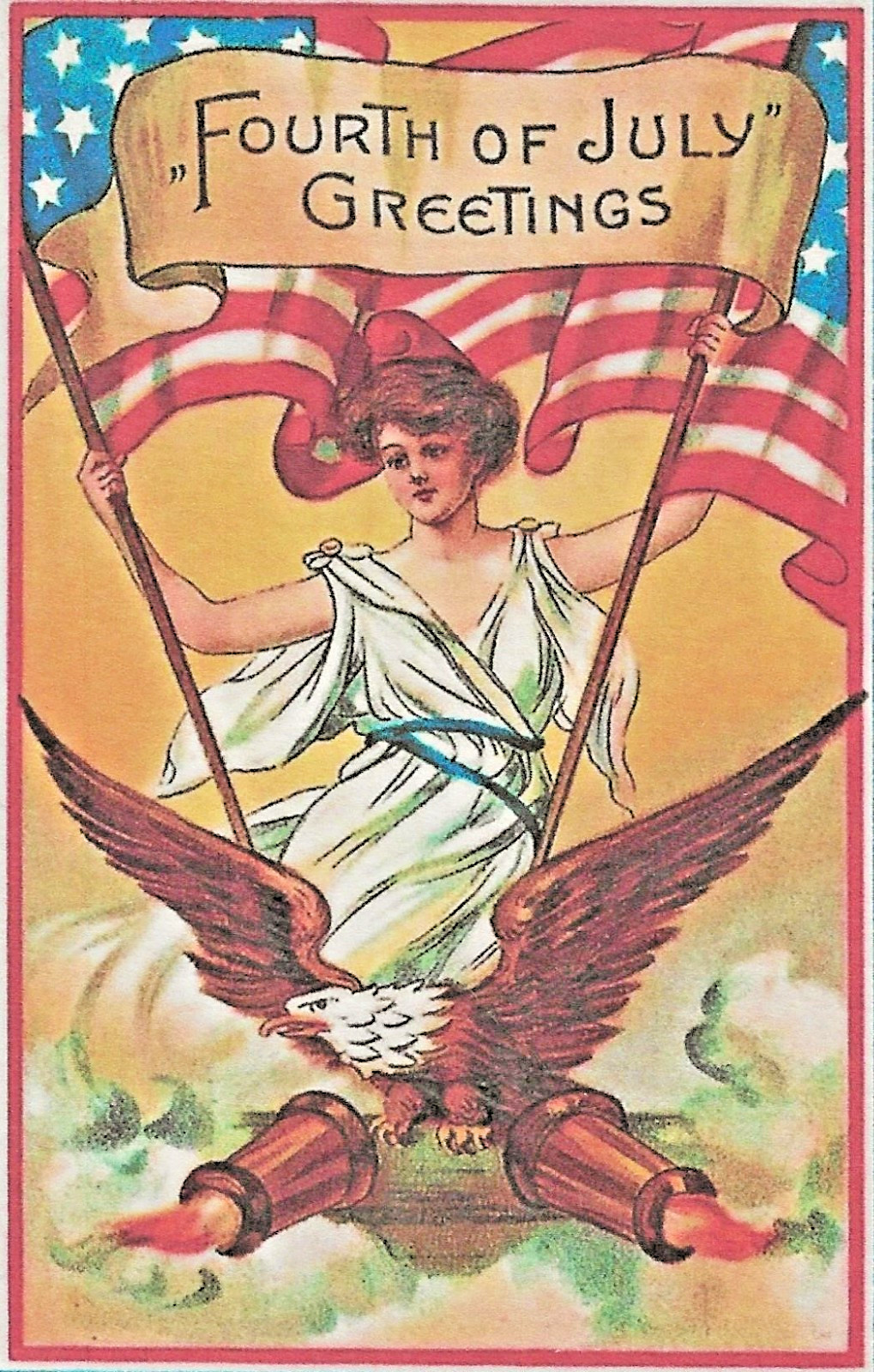 A “4th Of July Greetings” w/ US Flag, Lady Liberty, Eagle Handmade Postcard- 217