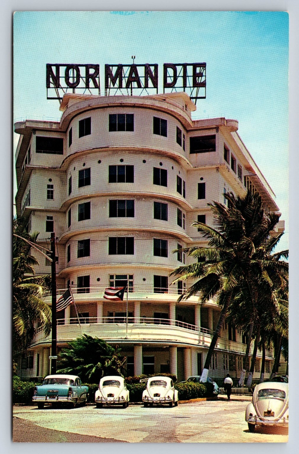 Normandie Hotel San Juan, PR Plastichrome Postcard 1950s 1960s Art Deco Cars