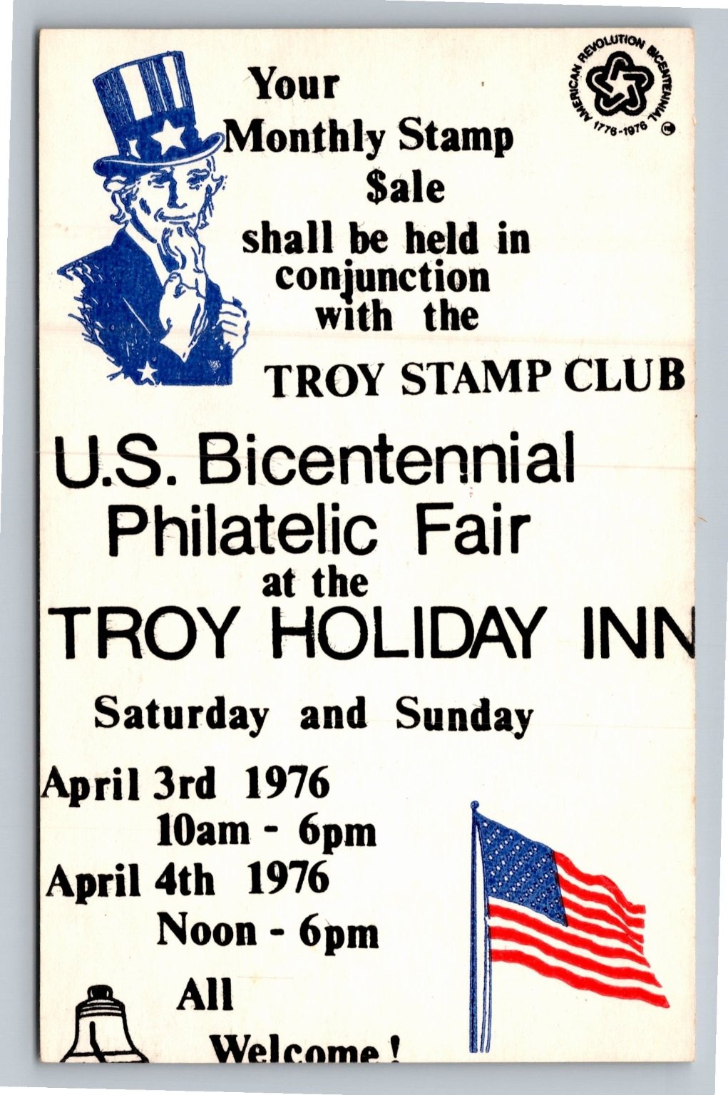 1976 Troy Stamp Club Bicentennial Philatelic Fair Advertisement Postcard