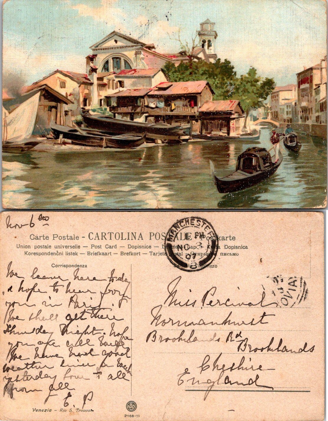 Venezia Rio S. Trovaso Vintage Postcard Handwritten Manchester Postmark c1900