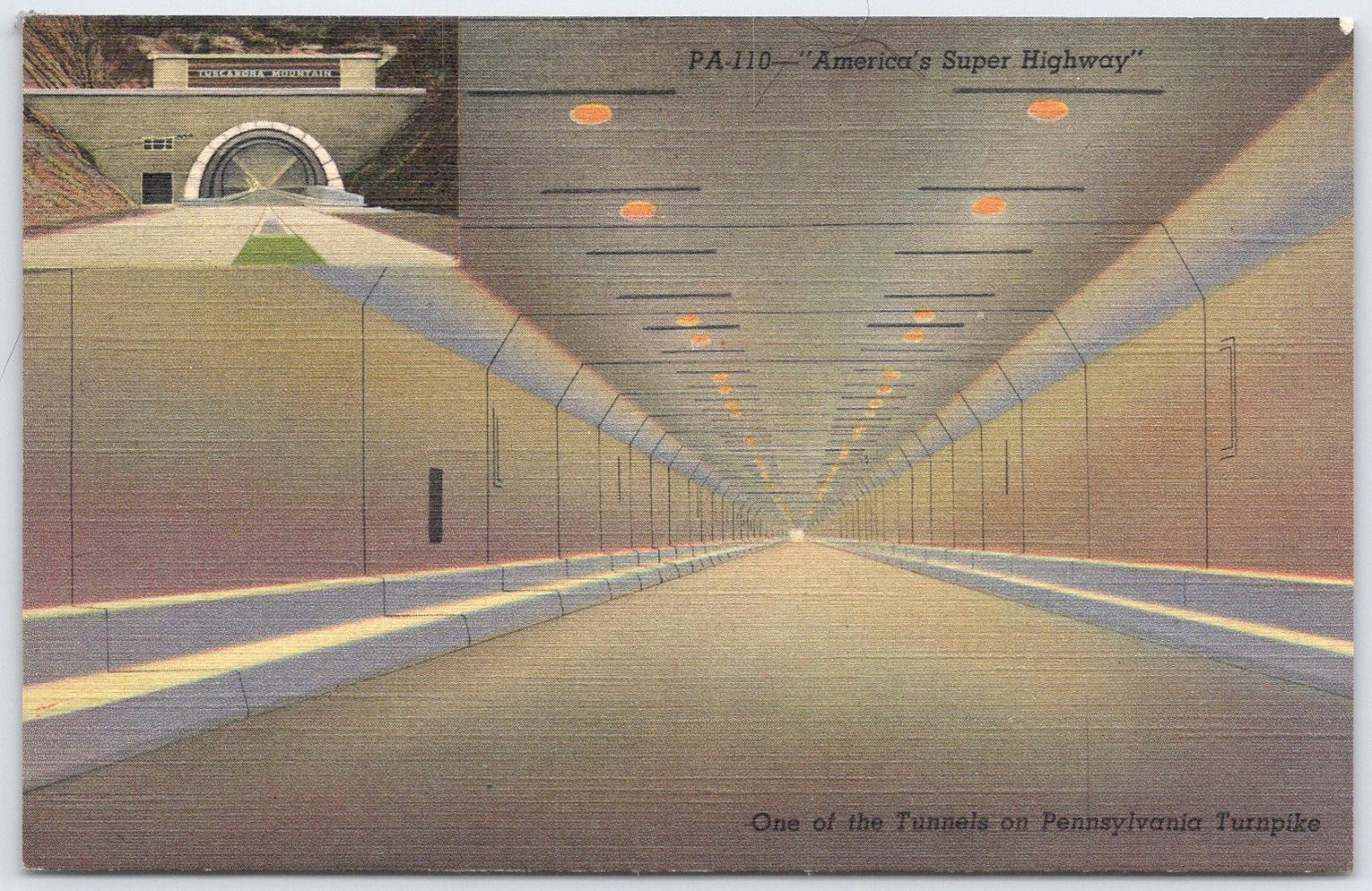 Vintage PA-110 Tunnel on Pennsylvania Turnpike Linen Postcard Minsky Bros
