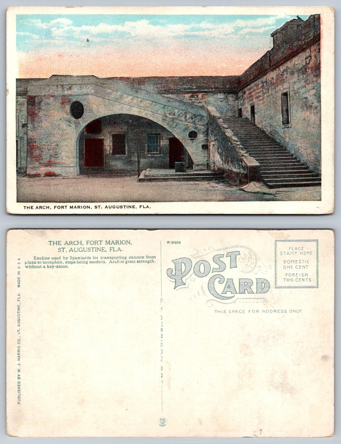 Fort Marion Arch St. Augustine FL Postcard W. J. Harris C.T. American Art