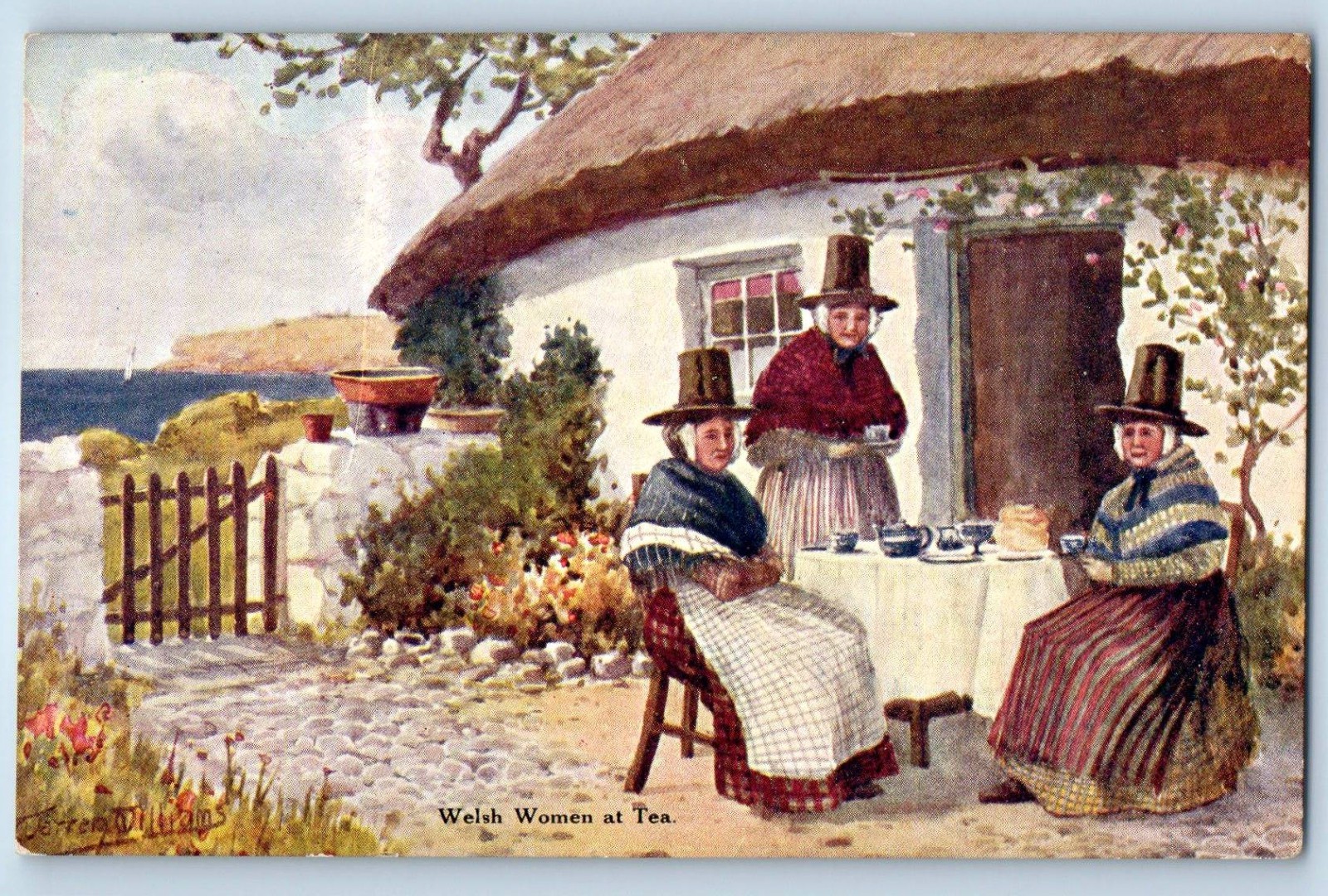Wales Postcard Three Welsh Women Drinking Tea c1910 Antique Unposted