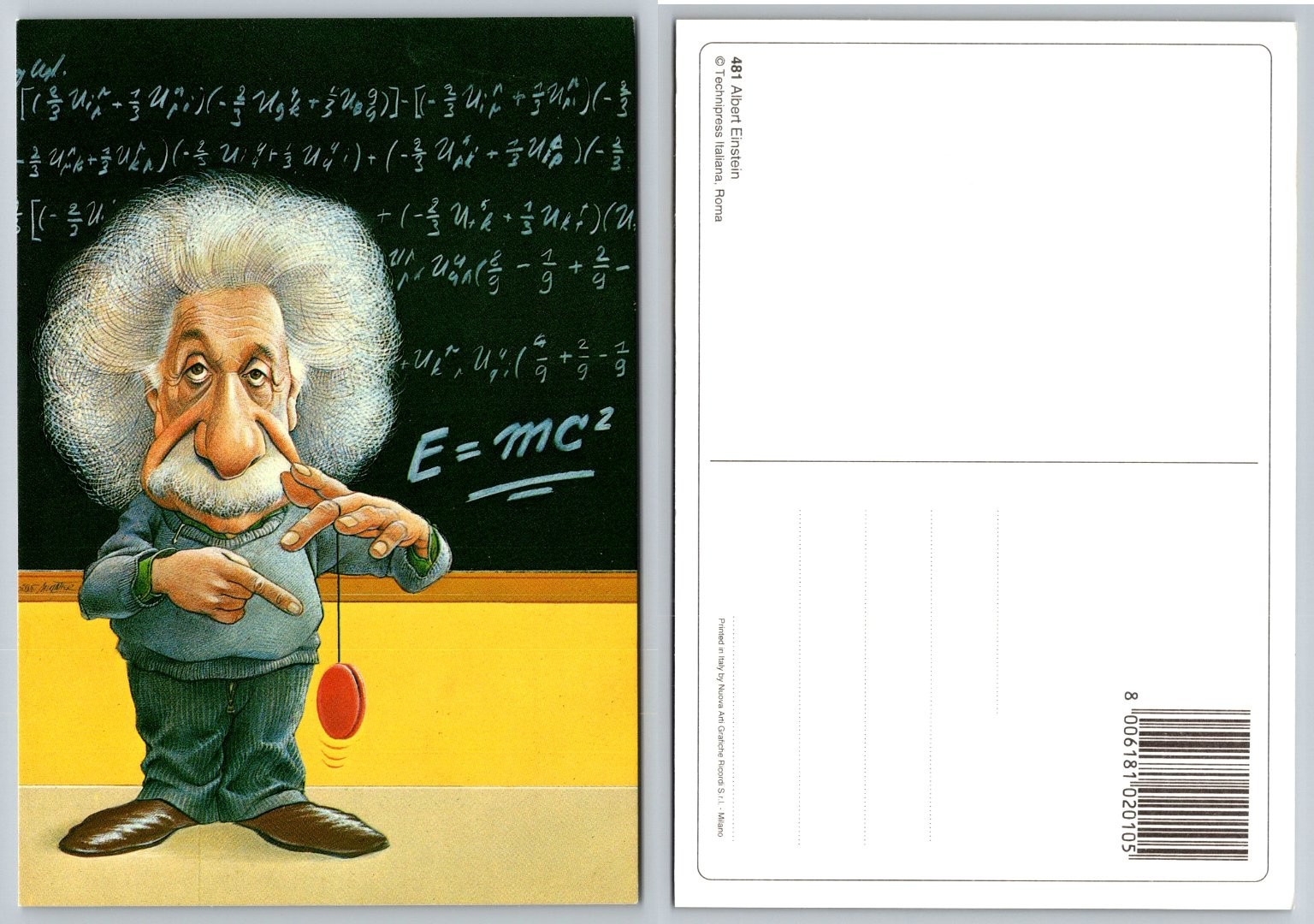 Albert Einstein Caricature Postcard – Yo-Yo, E=mc² Blackboard Art