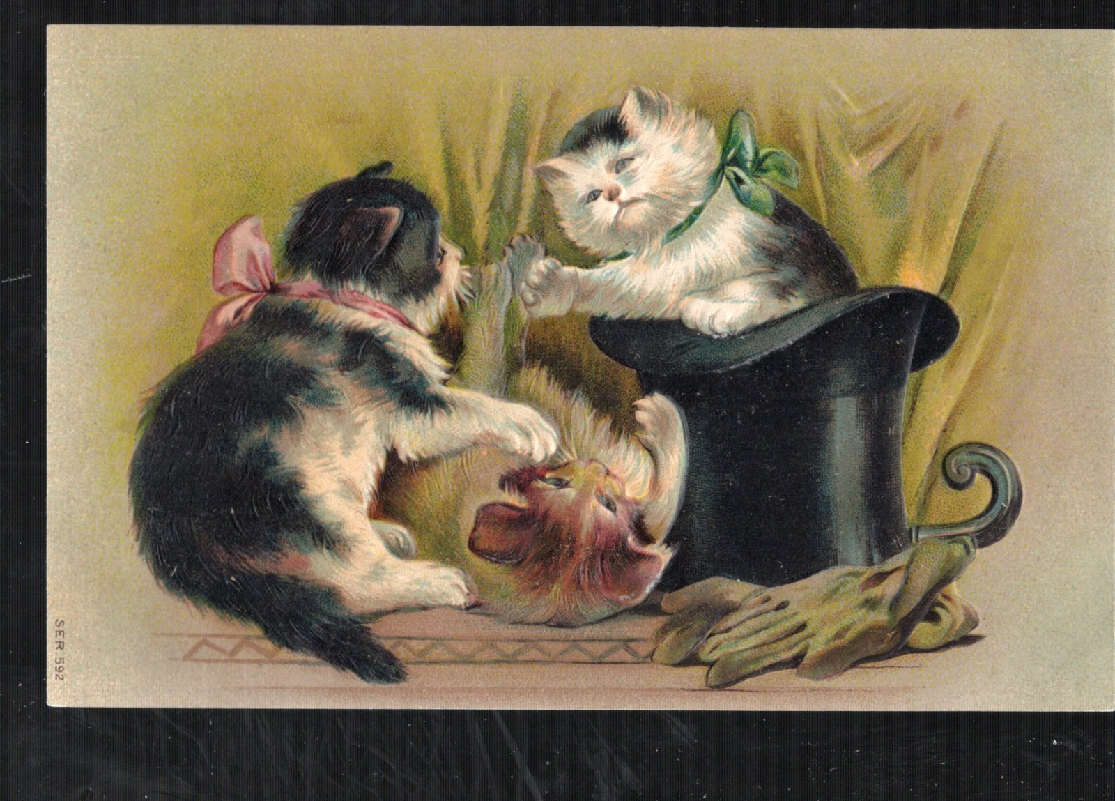 Q48 Antique Postcards Cat Kitten Playing around black top hat and cane gloves