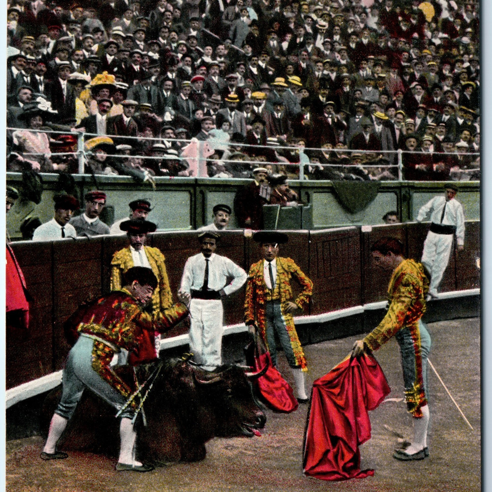 c1910s Madrid, Spain Bullfighting Arena Matador Bull Red Cape Spectators A351