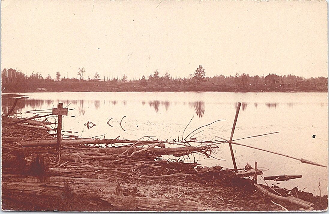 RPPC Maltby Michigan Shoreline Lake Scene “NO FISHING” Sign early 1900s