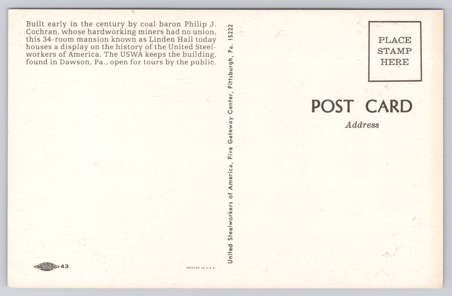 Linden Hall Dawson PA Mansion United Steelworkers America Postcard