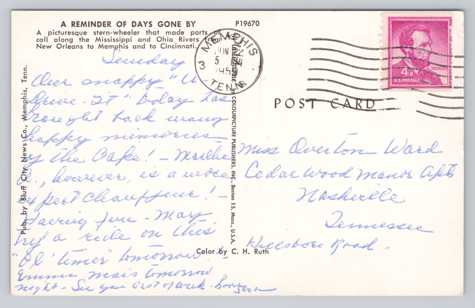 Stern Wheeler Mississippi & Ohio Rivers 1959 Postcard