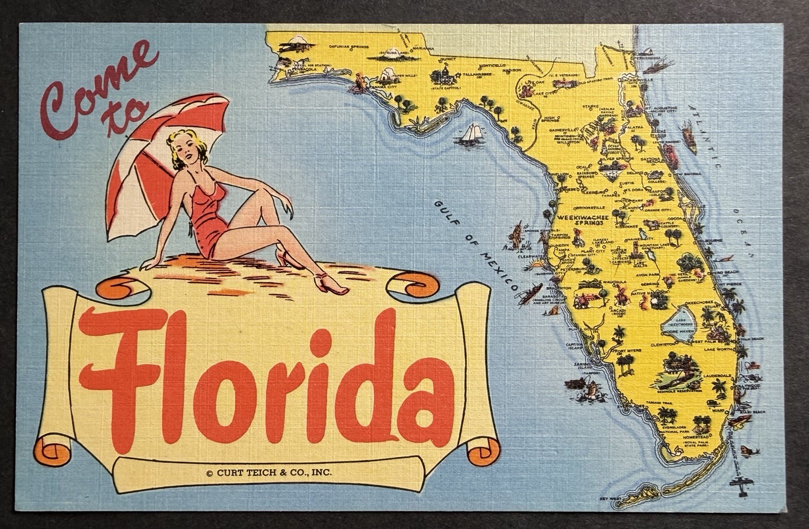 Florida Scenic Map General Greetings Advertisement FL Landmarks Vintage Postcard