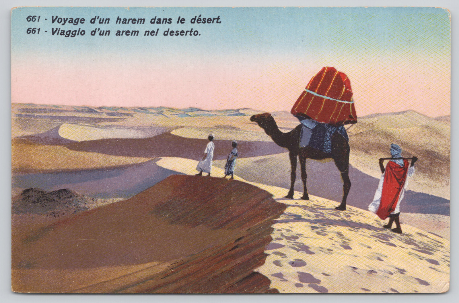 Postcard Camel Caravan Desert Harem Travel Scene Dunes Middle East