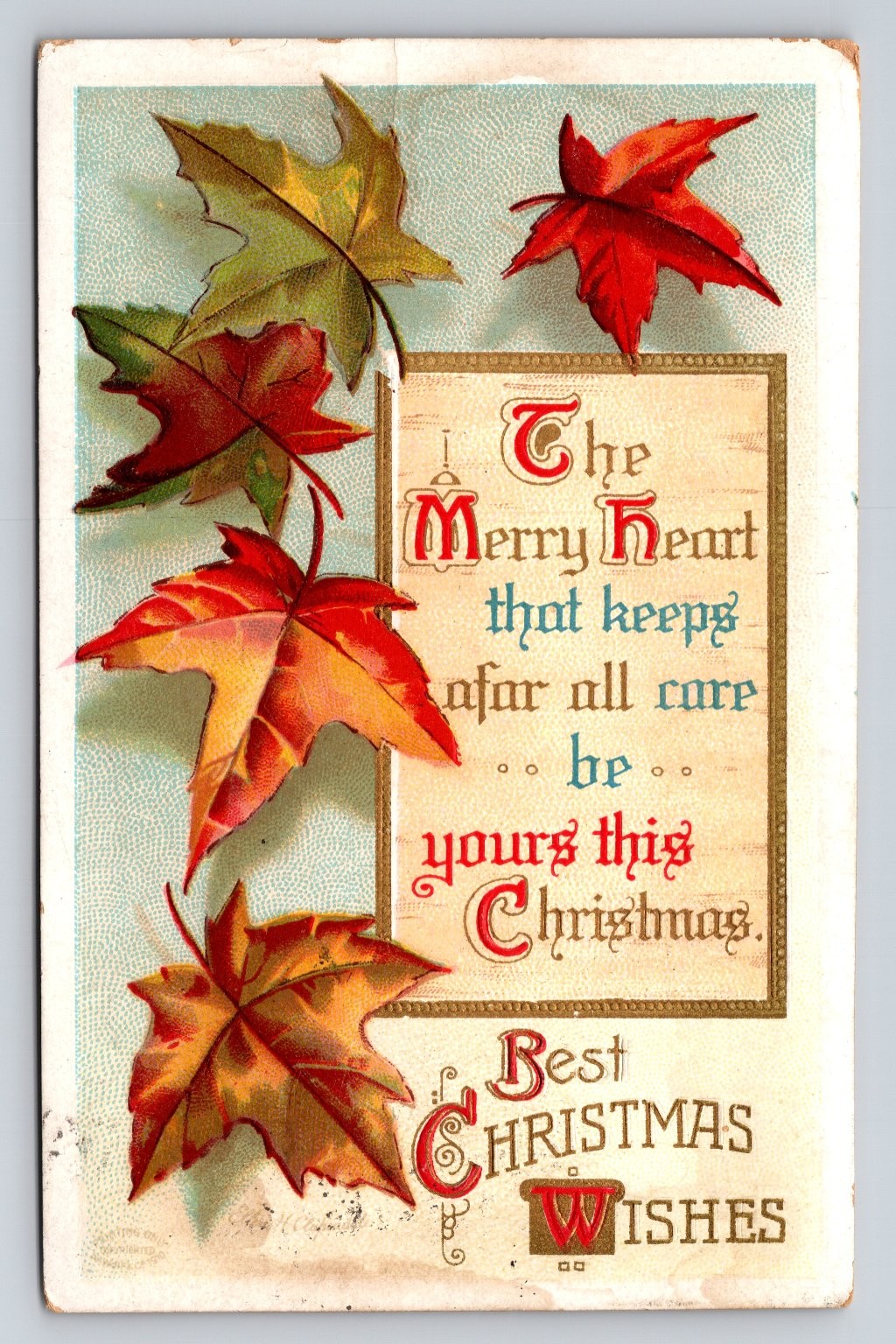 Christmas Postcard Embossed Maple Leaves Newton Highlands MA 1900s