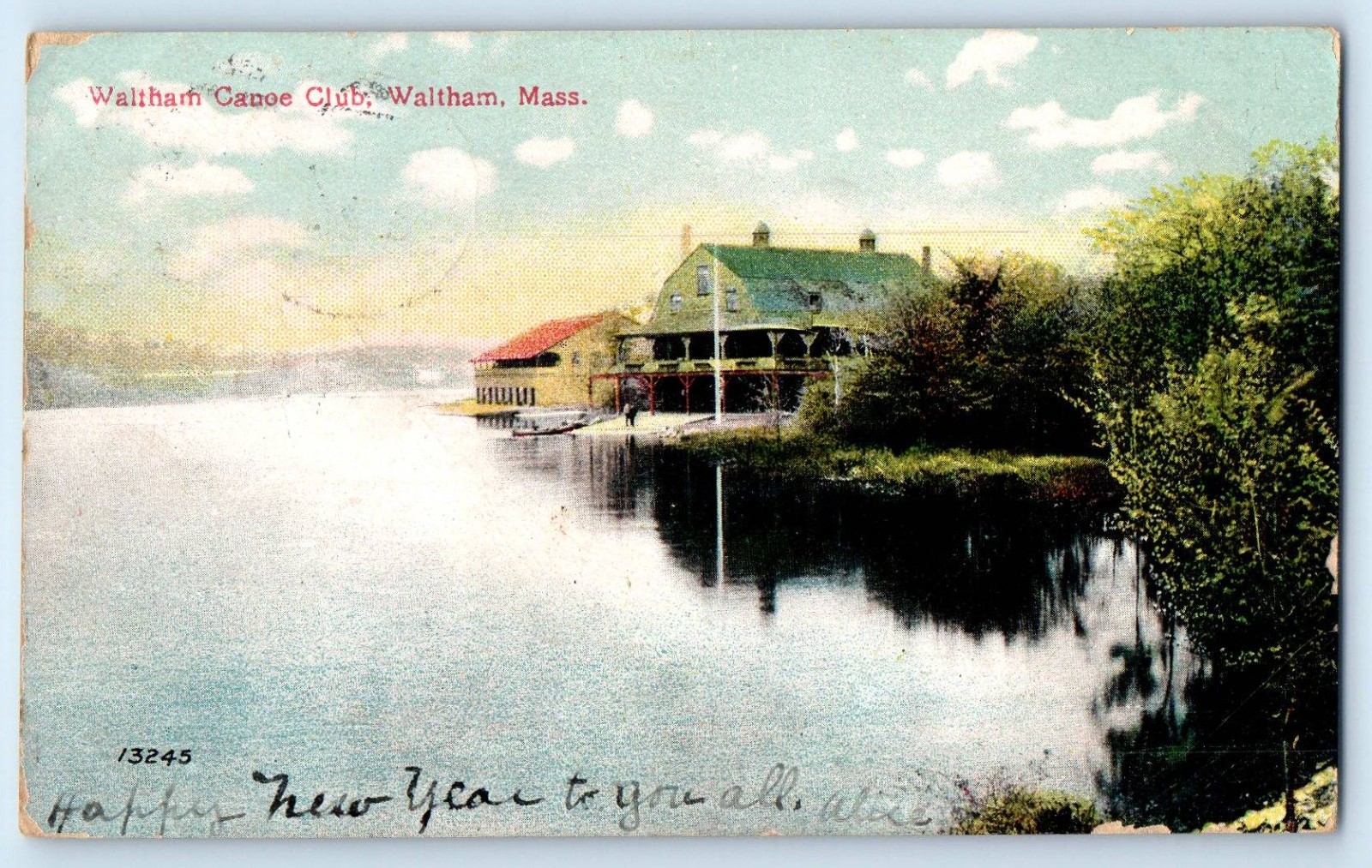 c1908 Waltham Massachusetts MA Vintage Postcard Canoe Club Mirror Lake Posted