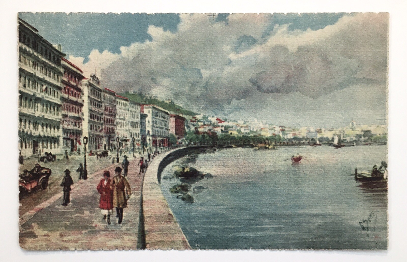 Vtg PC Italy Napoli Via Caracciolo Coastline Landscape Artist Card Rough Edges