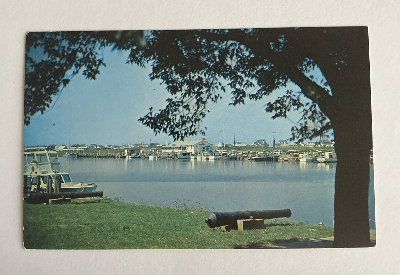 Vintage Postcard ~ Yacht Basin, Marina, Boats, cannons ~ Lewes, Delaware DE