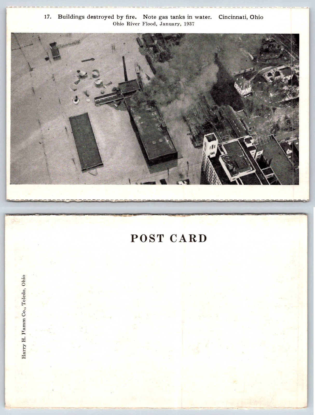 Cincinnati Ohio 1937 FLOOD BUILDINGS ON FIRE GAS TANKS IN WATER Postcard W435