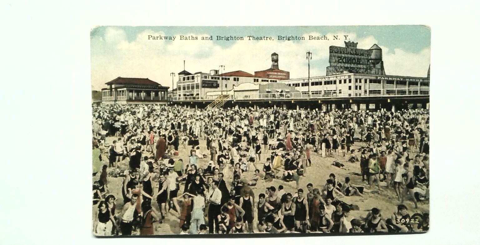 Vintage Brighton Beach NY Parkway Baths & Theatre Litho Postcard 1933