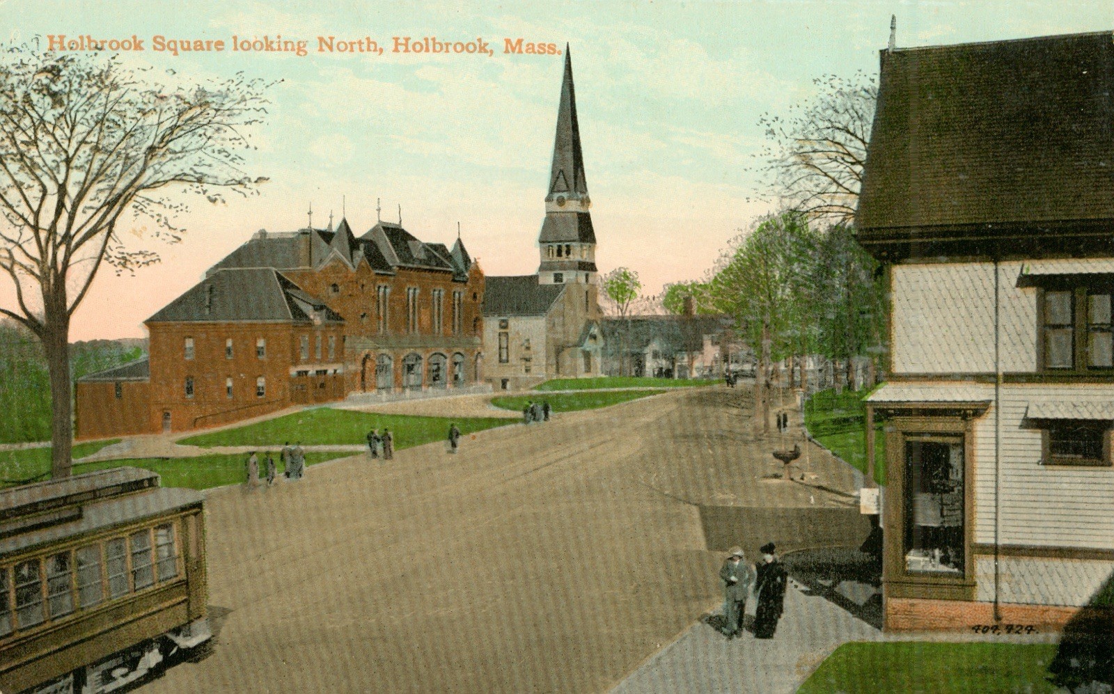 Holbrook, Mass. Postcard Antique 1910 Holbrook Square looking North Church Bus N