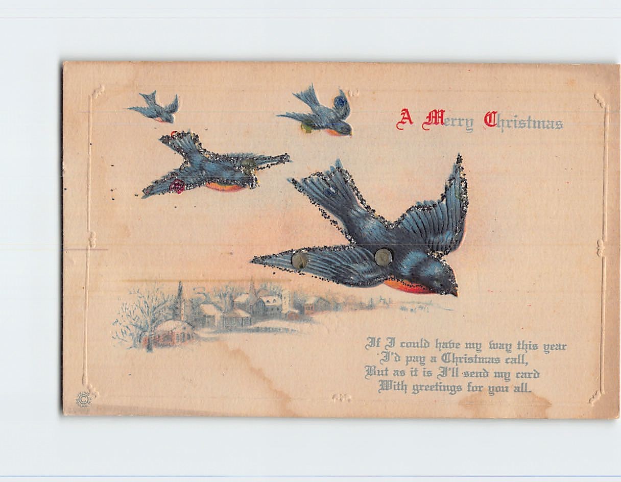 Postcard A Merry Christmas Birds Art Print Embossed Card