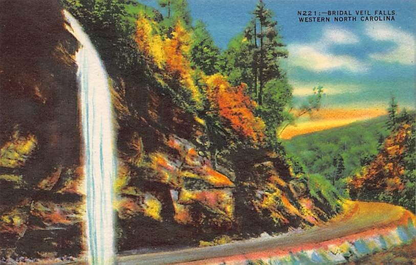 Postcard NC: Bridal Veil Falls, Highway 64, Highlands, North Carolina, Linen