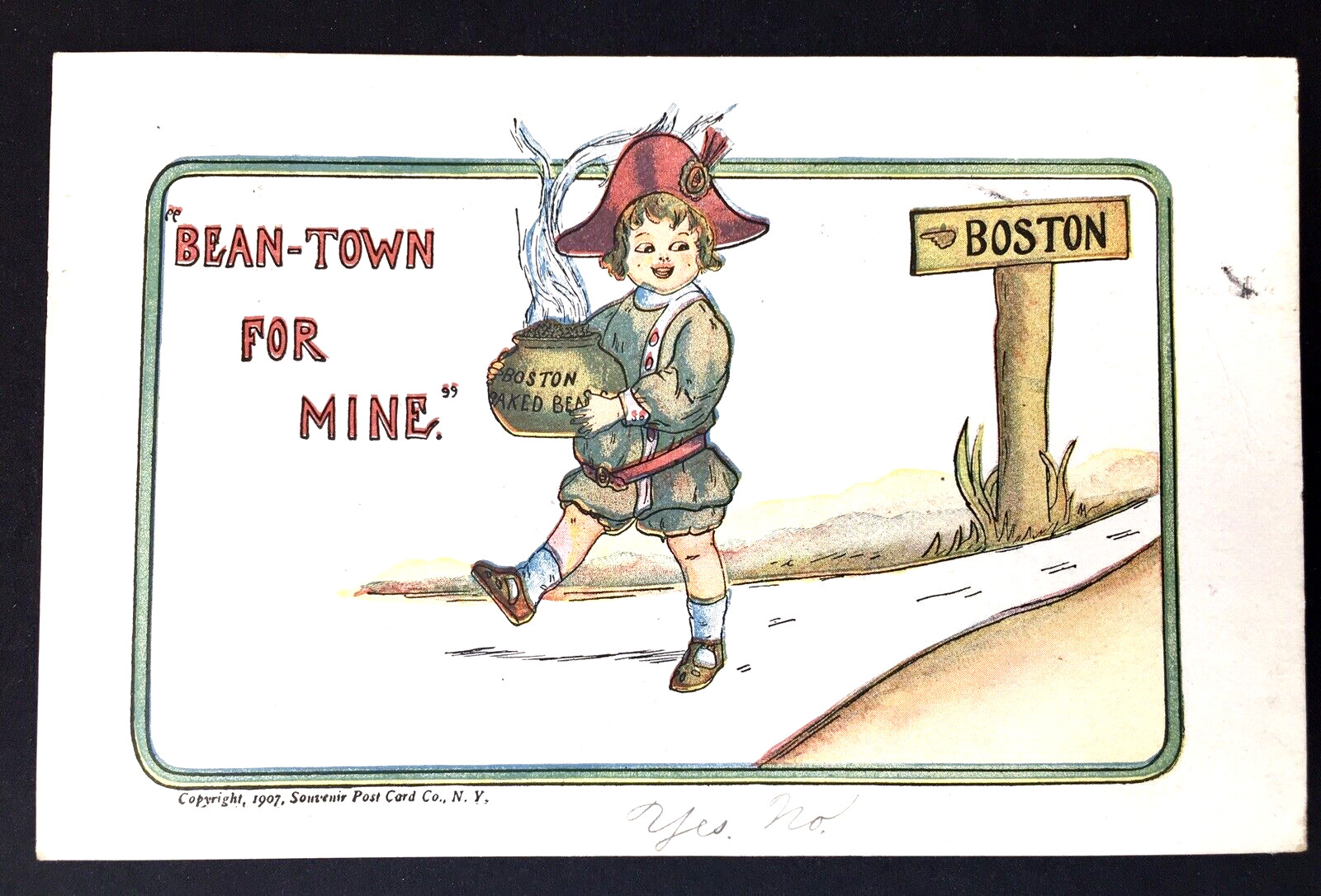 BEAN-TOWN FOR MINE, Boston, MA, Whimsical Posted 1907 Souvenir PC Co. Colonial