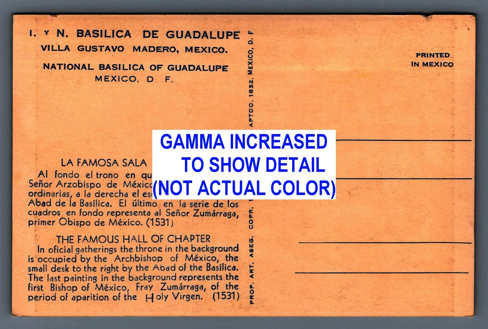 Mexico City National Basilica of Our Lady of Guadalupe Chapter Hall Vtg Postcard