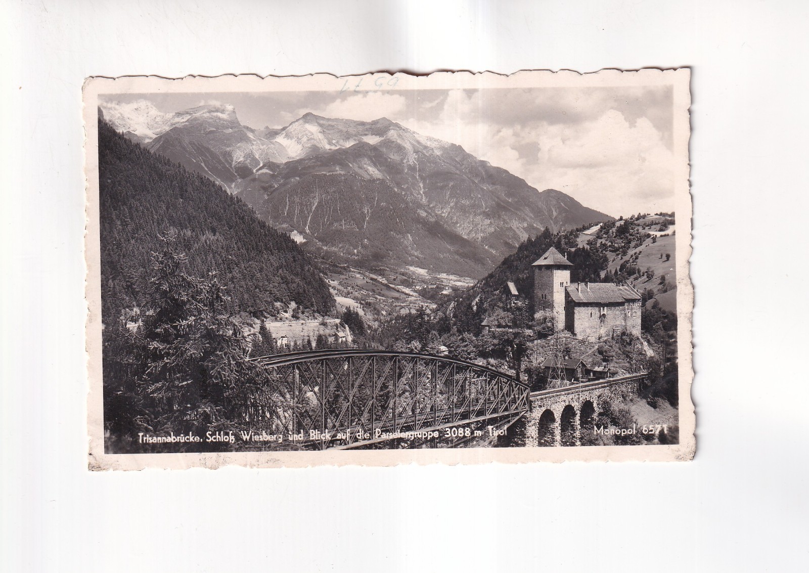 F6681) AK Schloss WIESBERG on Parseiergruppe TYROL Trisanna Bridge Postcard