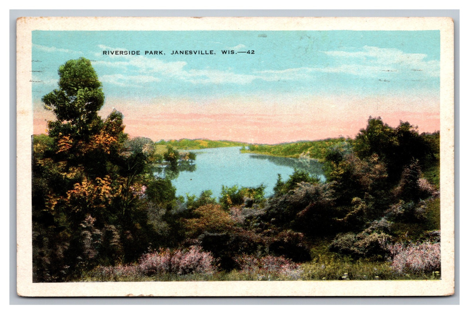 Janesville Wisconsin WI Riverside Park Posted 1937 White Border Postcard