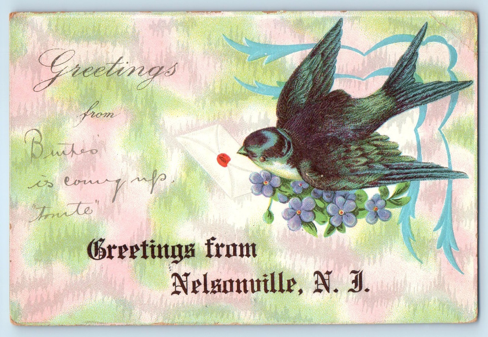 1910 Nelsonville New Jersey NJ Vintage Postcard Greetings Bird Mail Embossed