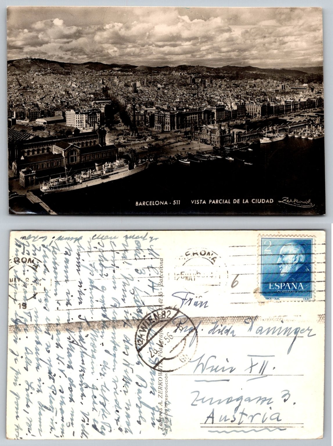 Vintage 1956 Barcelona City & Port Panoramic View Spain RPPC Postcard