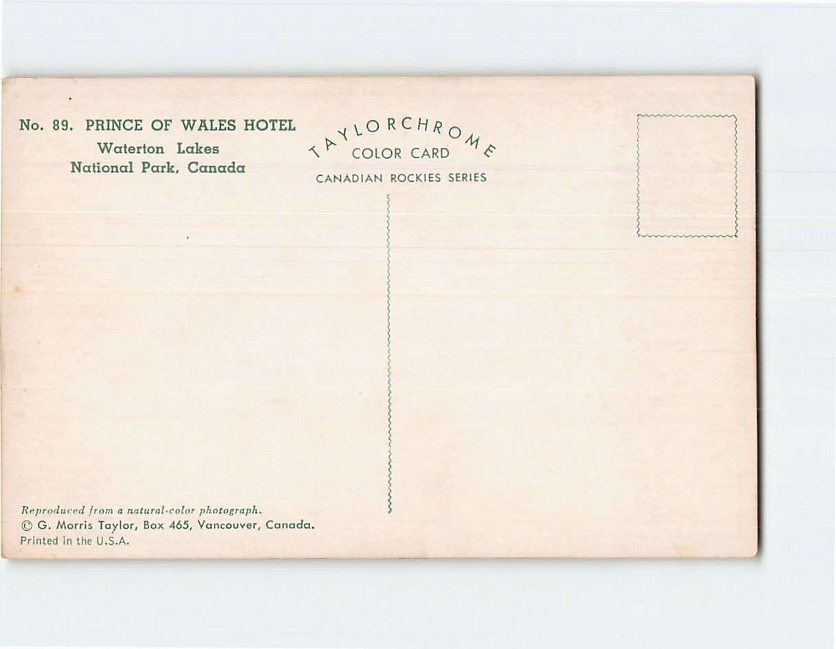 Postcard Prince Of Wales Hotel, Waterton Lakes National Park, Canada