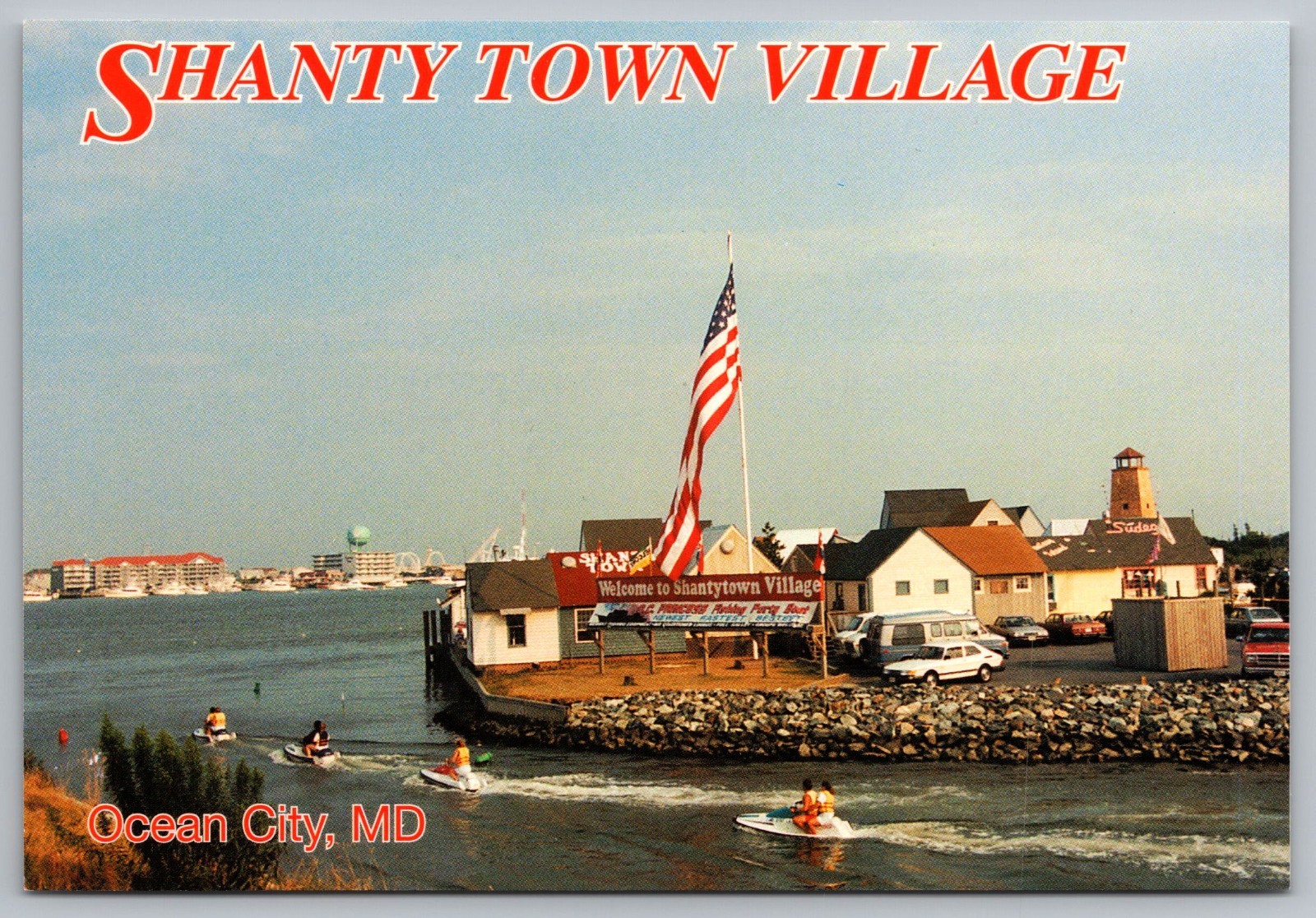Shanty Town Village Jet Skis US Flag Ocean City Maryland Continental Postcard