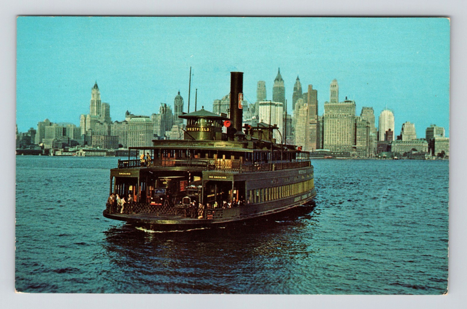 Postcard Ferry Boat Westfield Hudson River New Jersey City Skyline 1949 Chrome