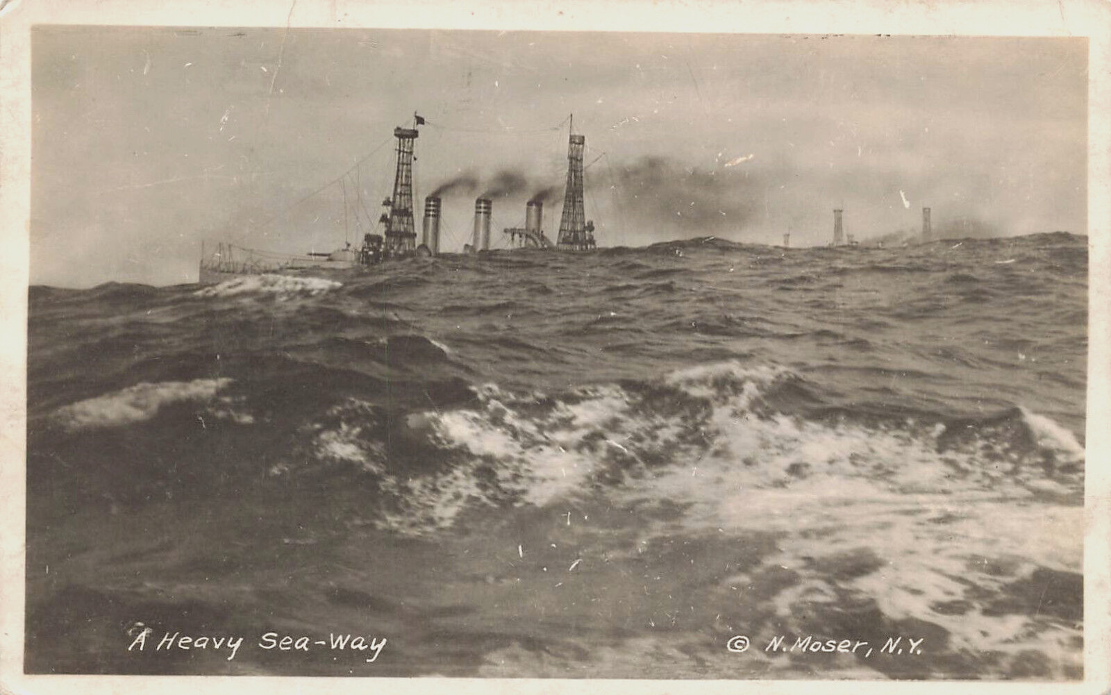US NAVY BATTLESHIP IN ROUGH OCEAN SURF REAL PHOTO POSTCARD 1910s RPPC WW1 ERA
