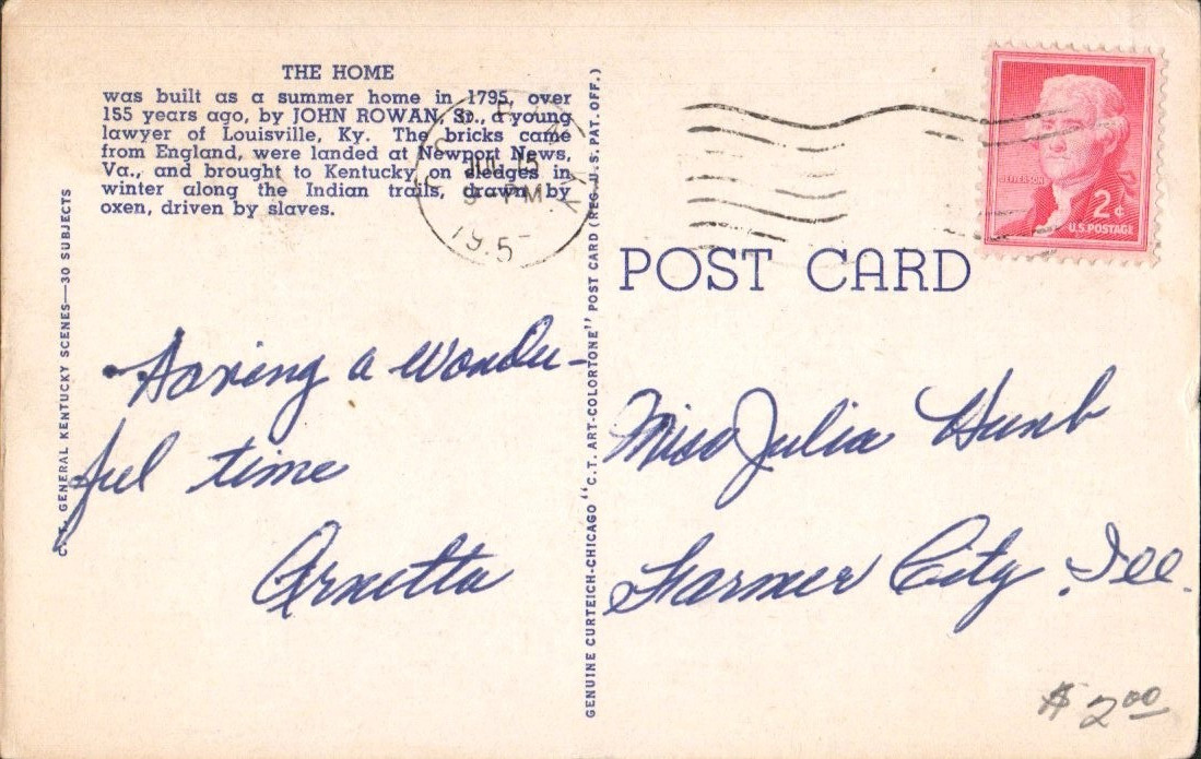 Bardstown Kentucky Federal Hill, “My Old Kentucky Home” 1951 Postcard