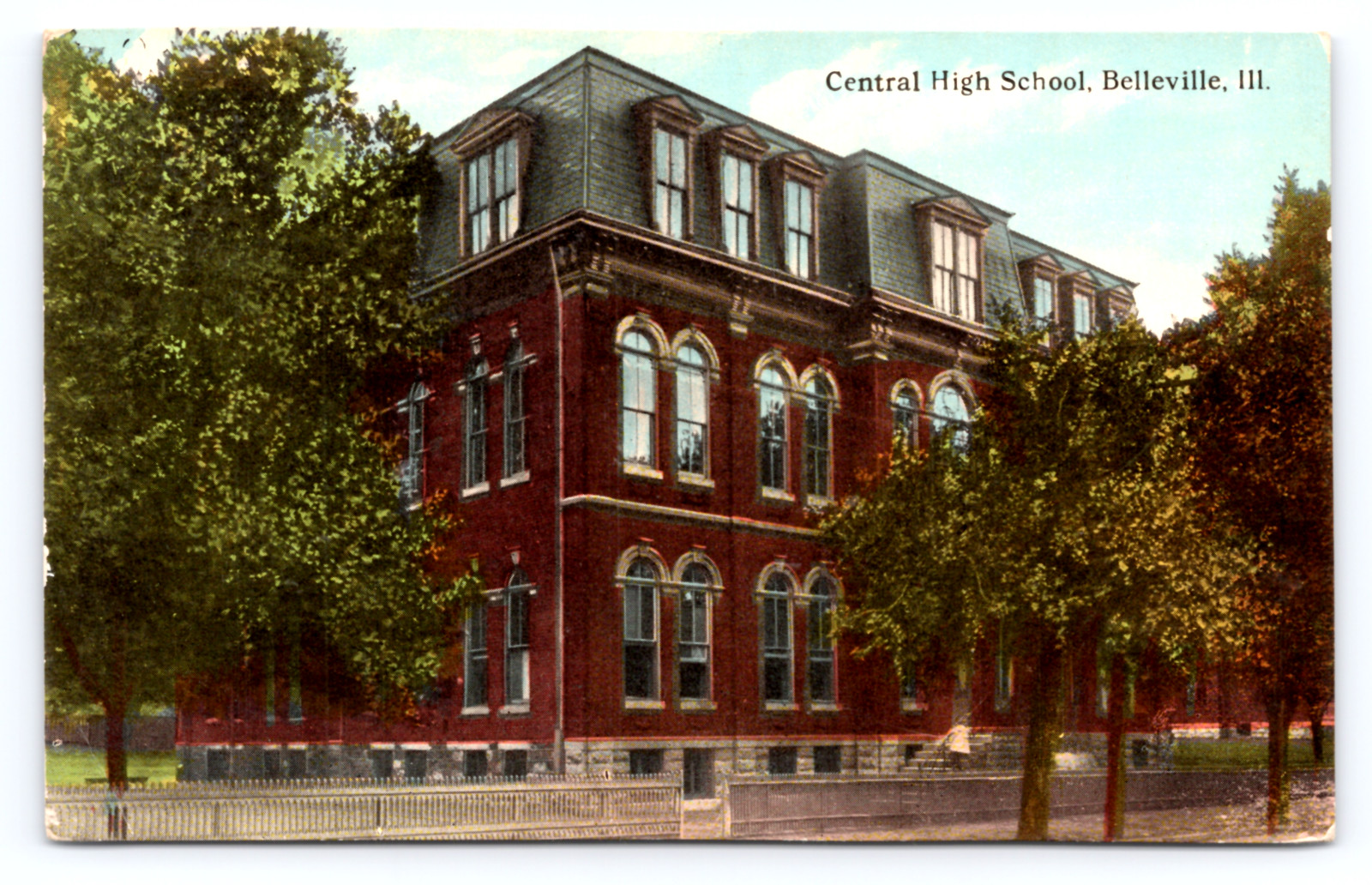 c1910 Central High School Belleville IL Postcard Red Brick School Mansard Roof