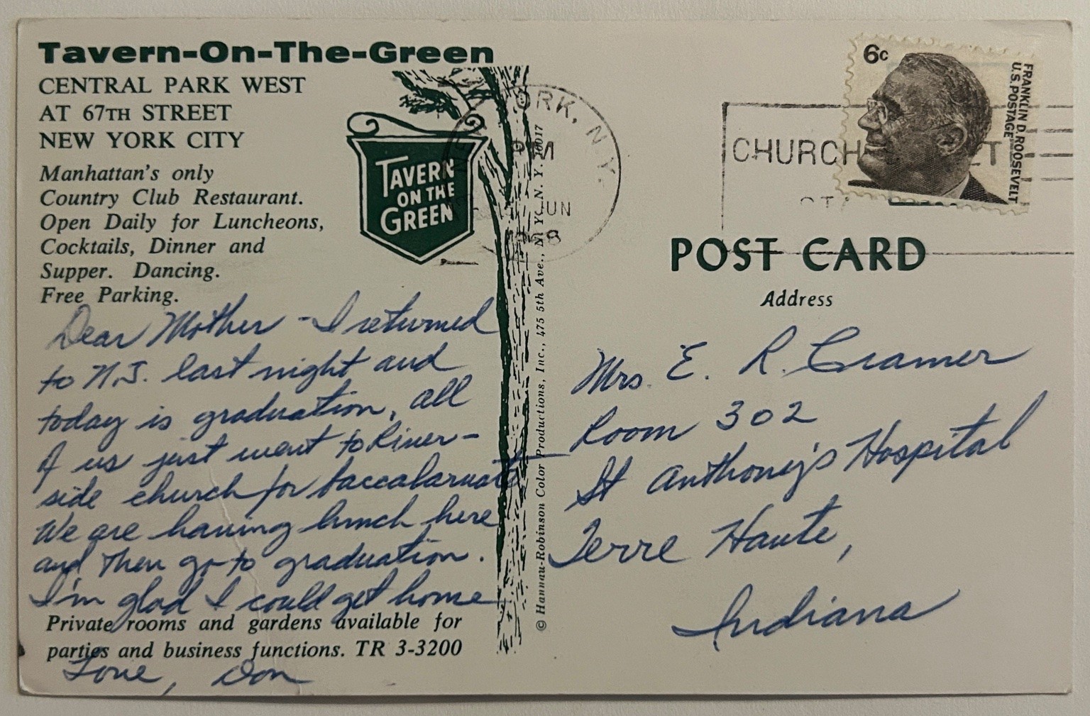 Tavern-On-The-Green NYC 1968 Chrome Postcard – Elm Tree Rose Room Garden