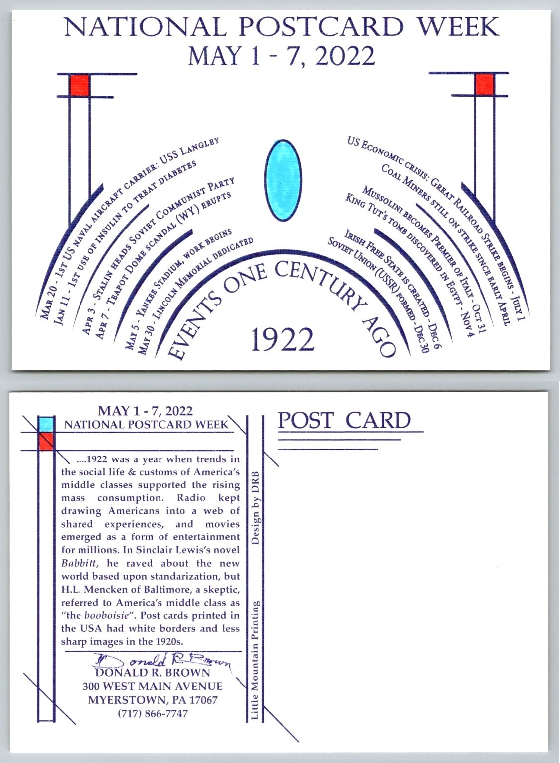 2022 National Postcard Week Commemorative 1922 Historical Events Postcard