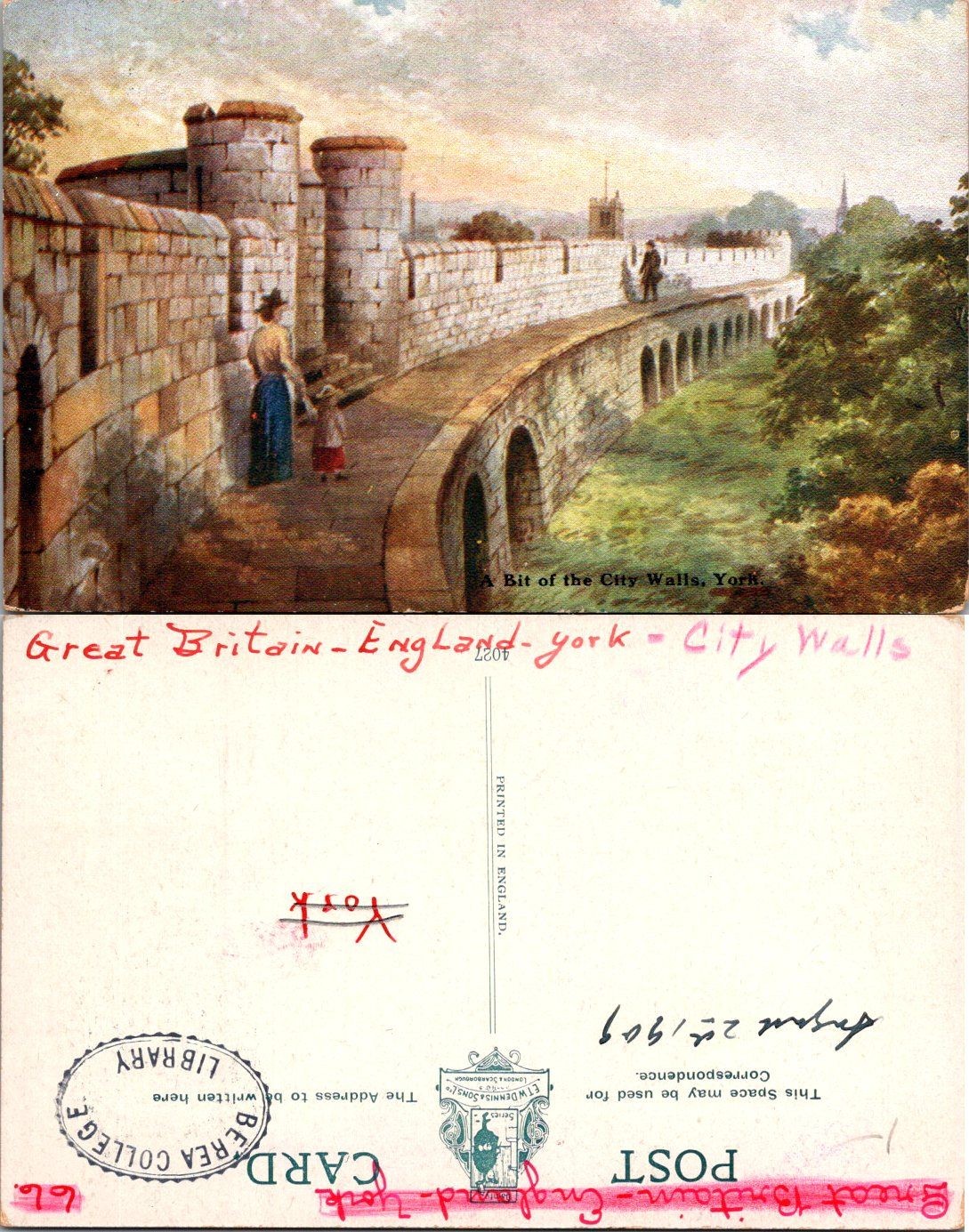 Vintage York City Walls Postcard Great Britain England Handwritten Postmark