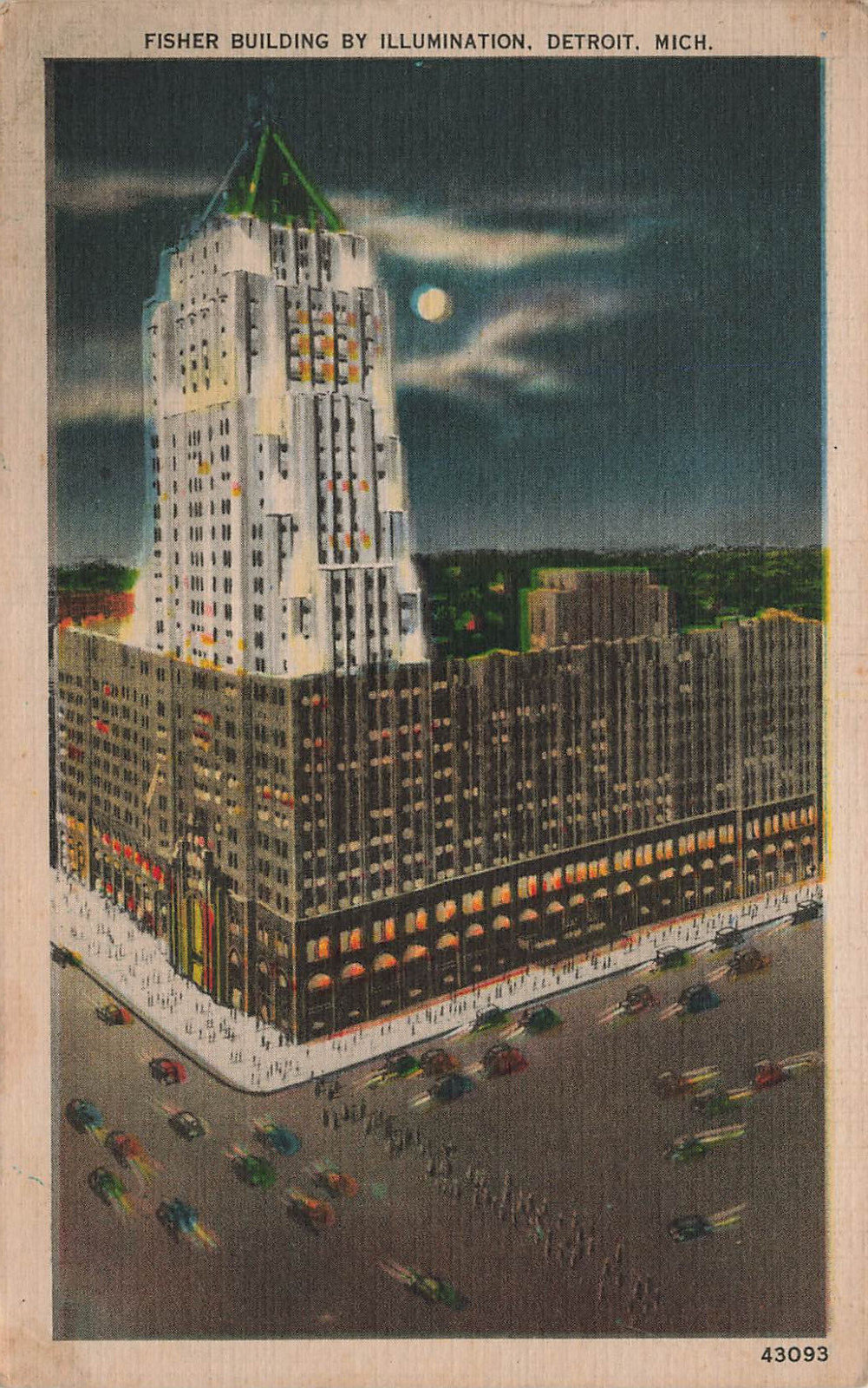 FISHER BUILDING AT NIGHT MOONLIGHT POSTCARD DETROIT MI MICHIGAN 1930s