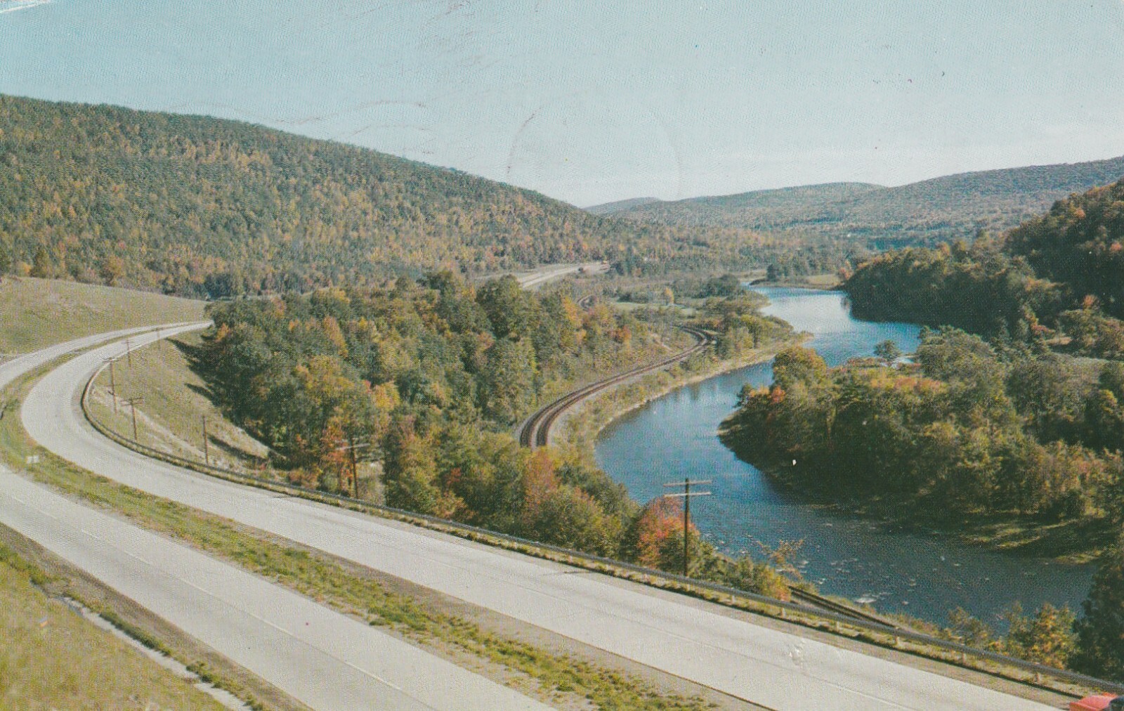 Postcard NY Greetings From Sydney Global highway railroad tracks River