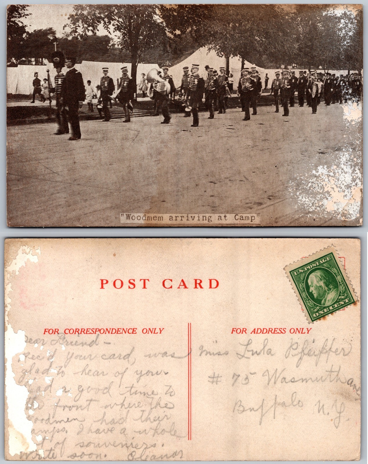 Woodmen Arriving Camp Marching Band Parade Tents Postcard