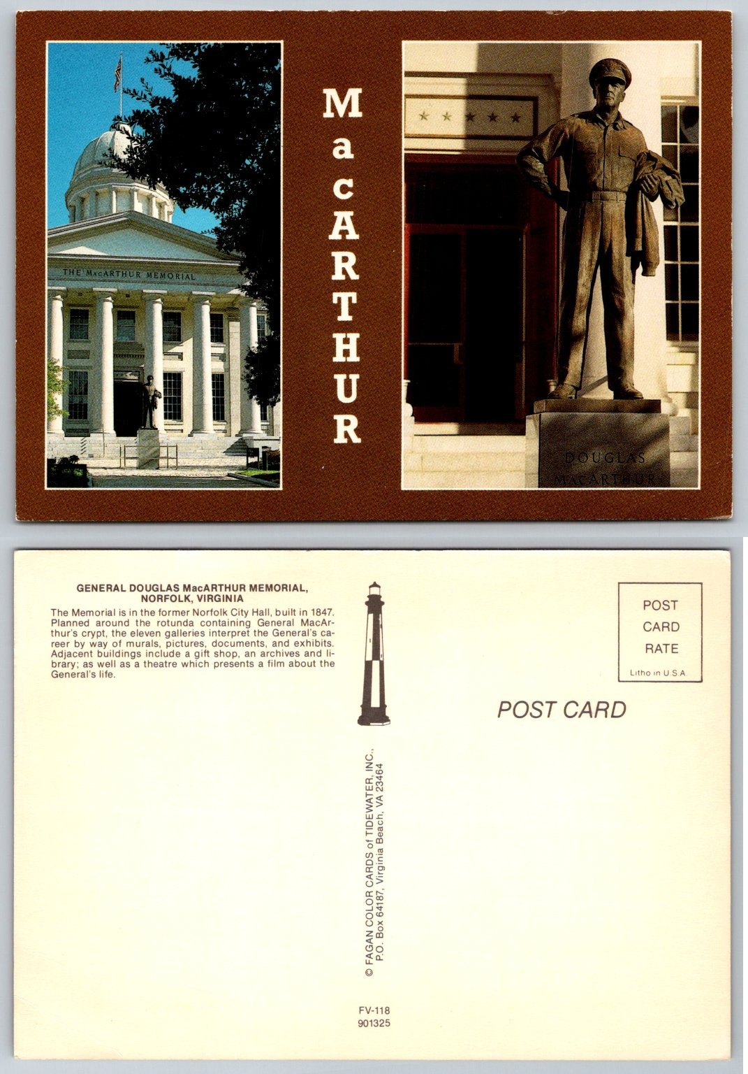 Douglas MacArthur Memorial Norfolk VA Postcard Fagan Color Cards Chrome