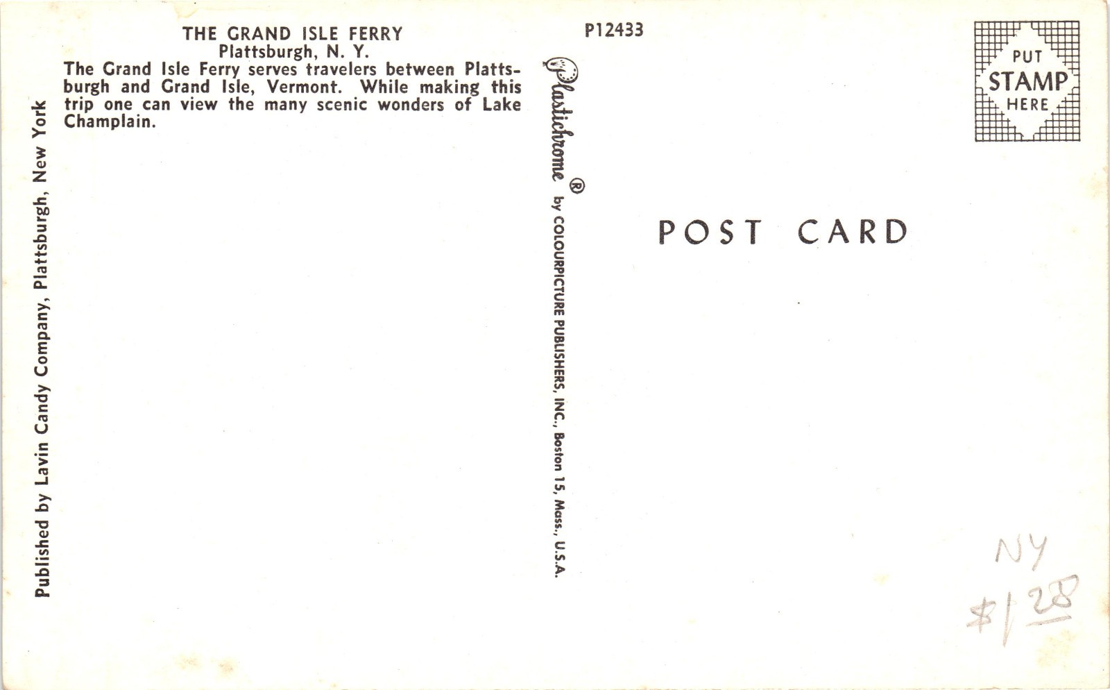 Grand Isle Ferry Plattsburgh NY Lake Champlain Vermont Chrome Postcard