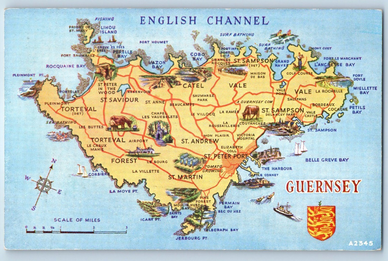Guernsey Postcard English Channel Bay Cities Map View c1950’s Art Colour