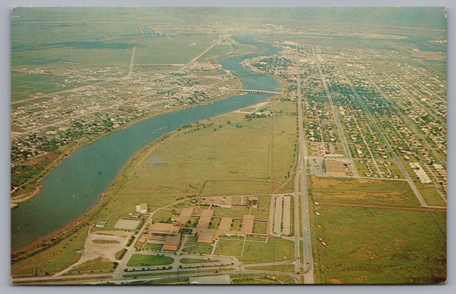 Aerial View of Freeport, Brazos River, Downtown, Dow Chemical. TX. Postcard 148