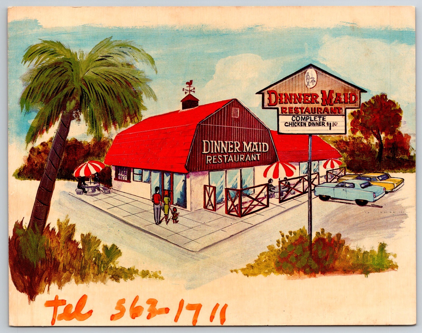 1960s Dinner Maid Restaurant, Miami, Florida 7 x 5.5 inch Oversized Postcard