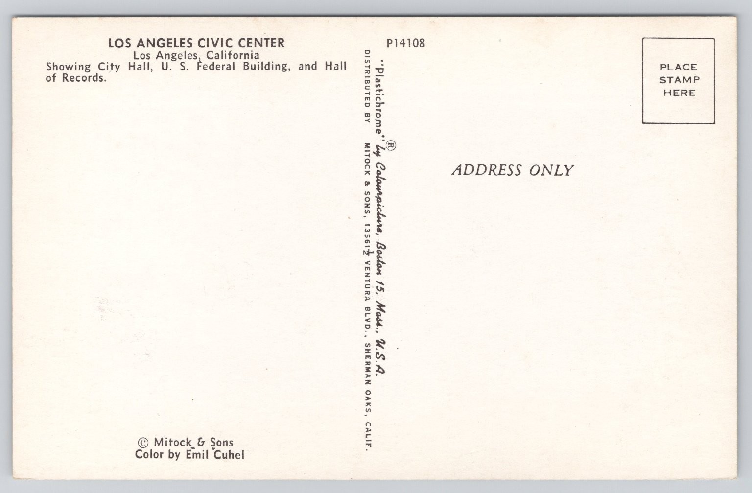 Los Angeles Civic Center City Hall CA Plastichrome Postcard 1950s-60s