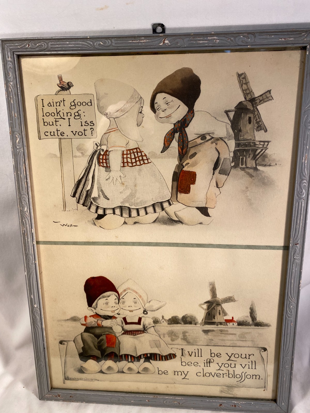 Framed Vintage/Antique Postcard Lot Of 2 Dutch Kids With Dutch Sayings 11″ X 14″