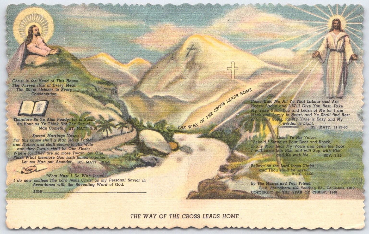 1948 Curteich Linen Postcard: The Way of the Cross Leads Home, Religious Art